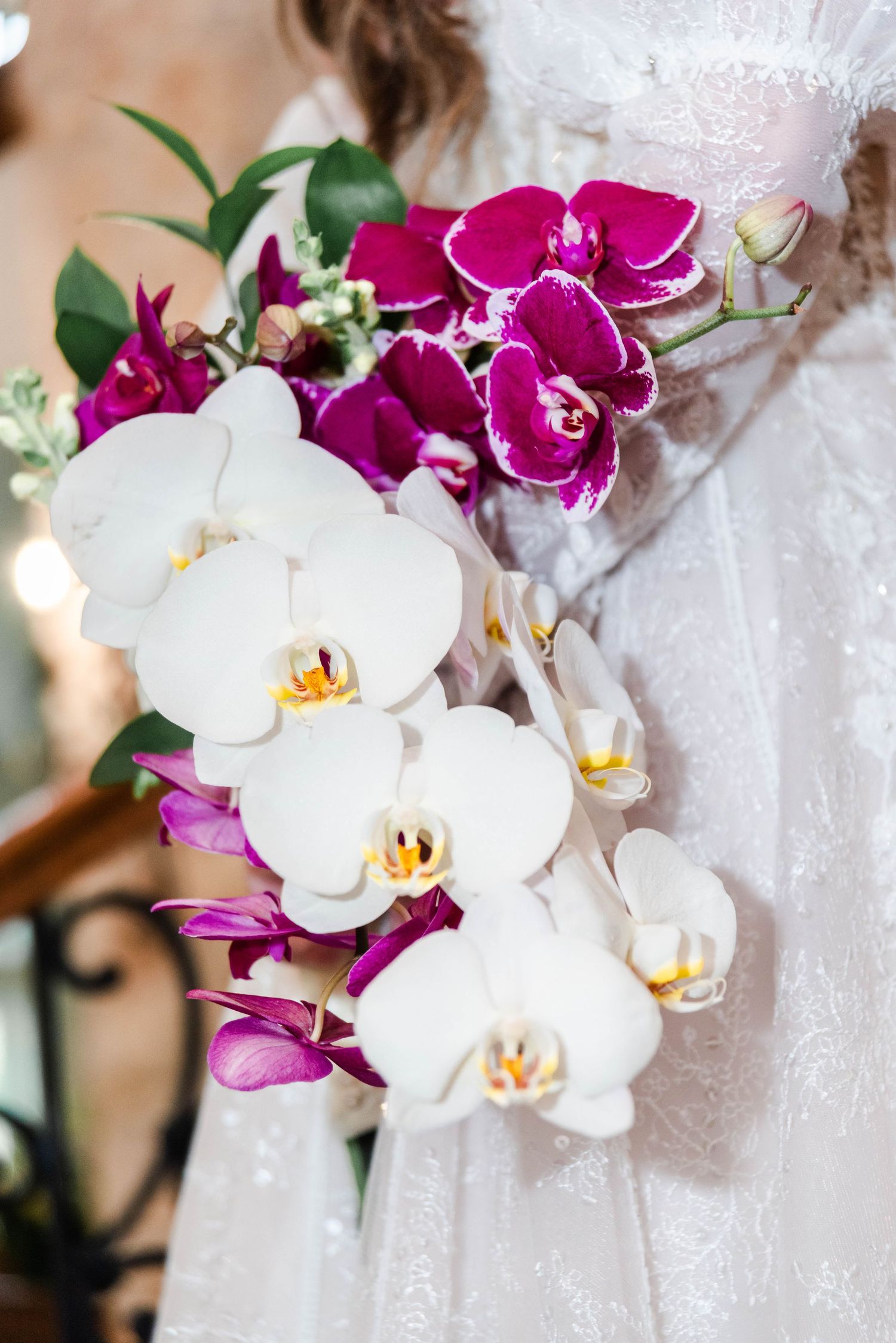 orchid bouquet with purple and white