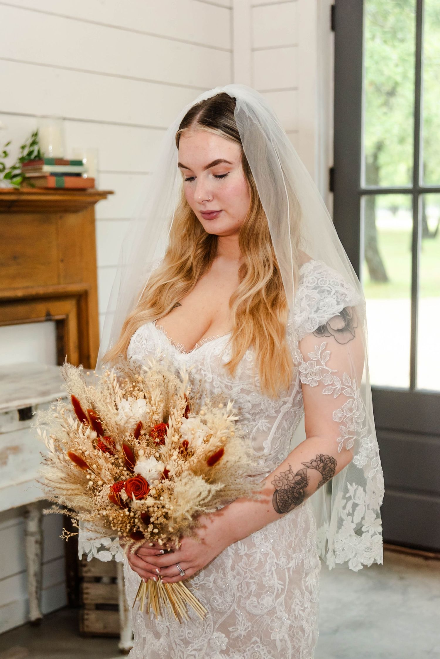 A bride holding her flowers