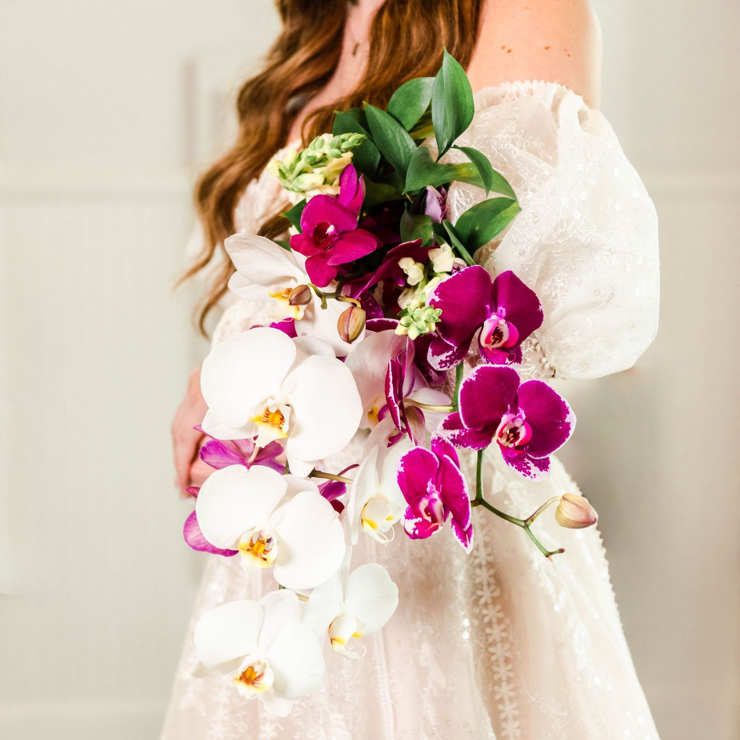 orchid bouquet with purple and white