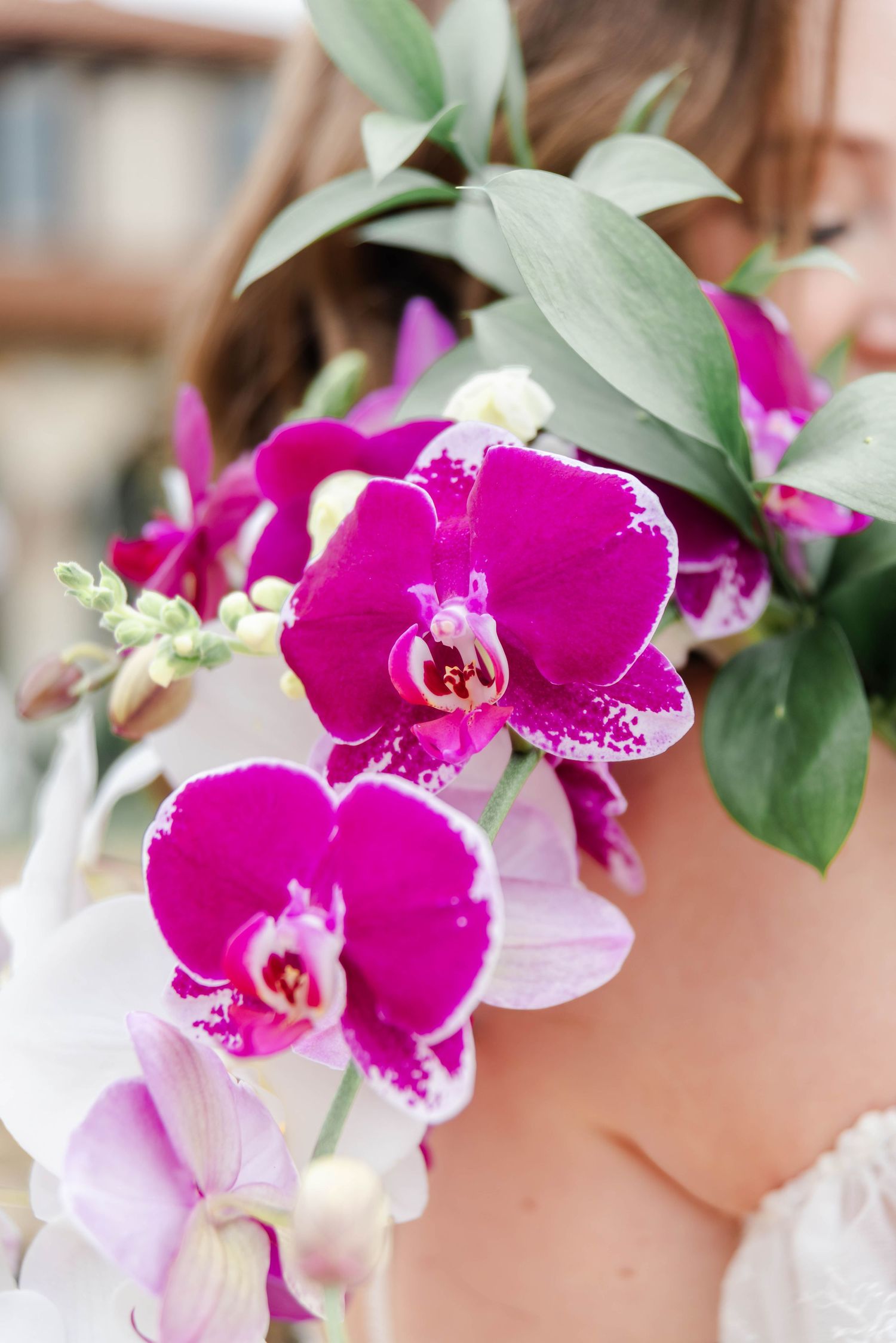 orchid bouquet with purple and white