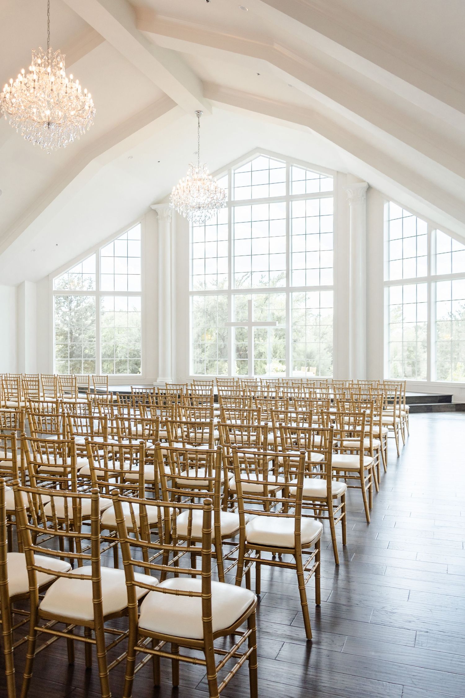 Chairs seated for a wedding ceremony in a chapel