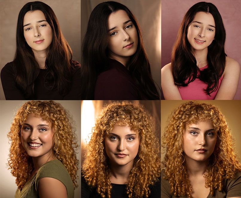 A collage of six professional headshots featuring two young women with dark hair and three with curly auburn hair on studio backgrounds.