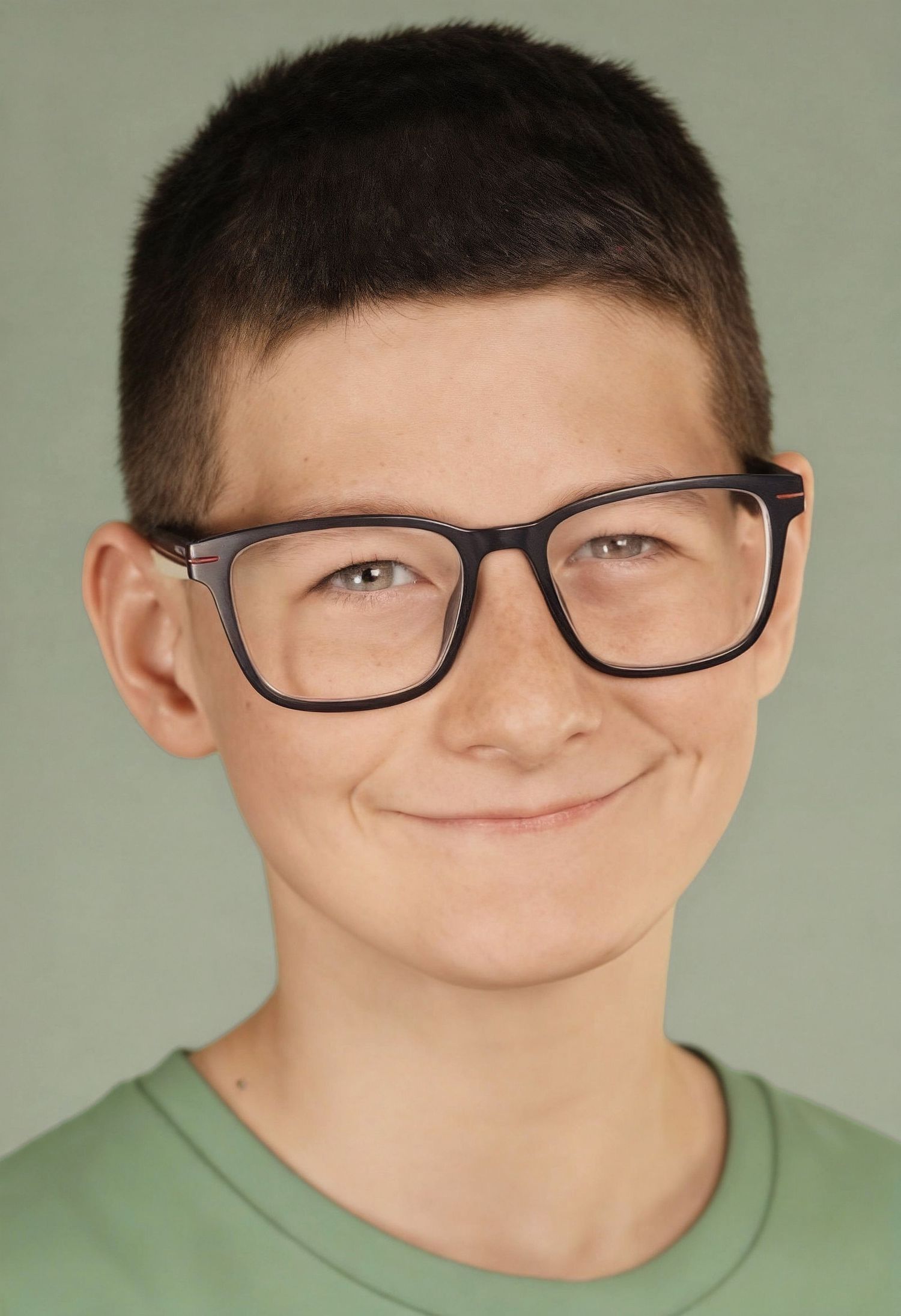 Smiling young boy with short dark hair wearing black rectangular glasses and a green t-shirt against a gray background.