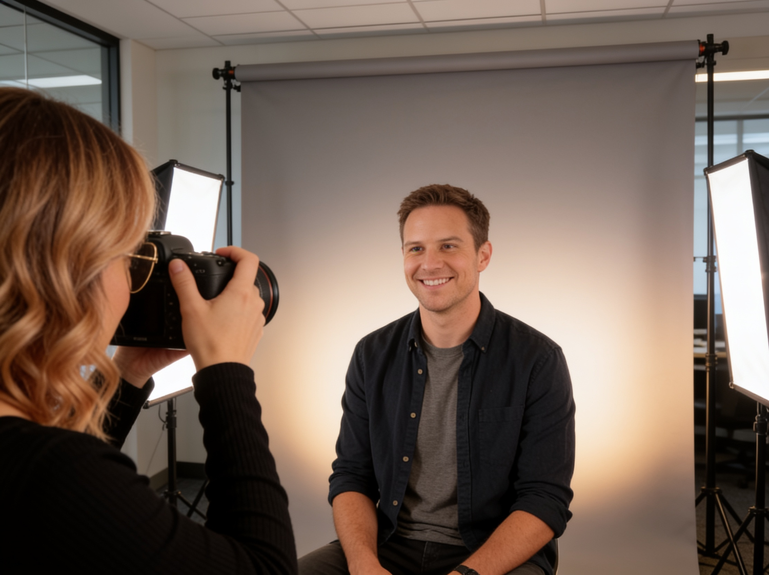 A photographer takes a portrait of a smiling man in a studio with professional lighting equipment.