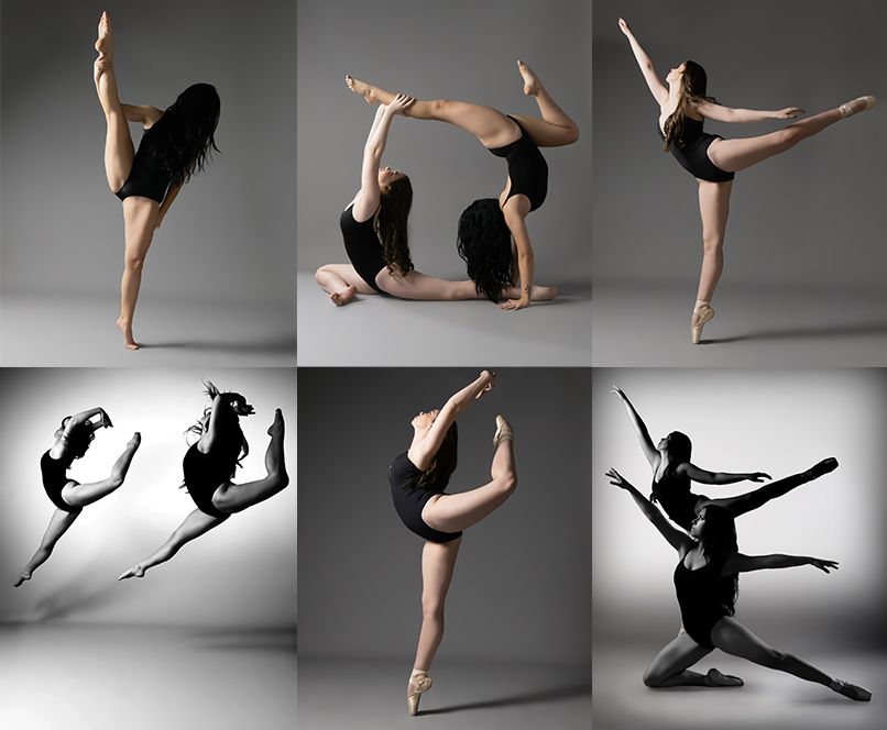 Six dancers in black leotards perform stunning ballet and contemporary poses, showcasing flexibility and grace in a studio setting.