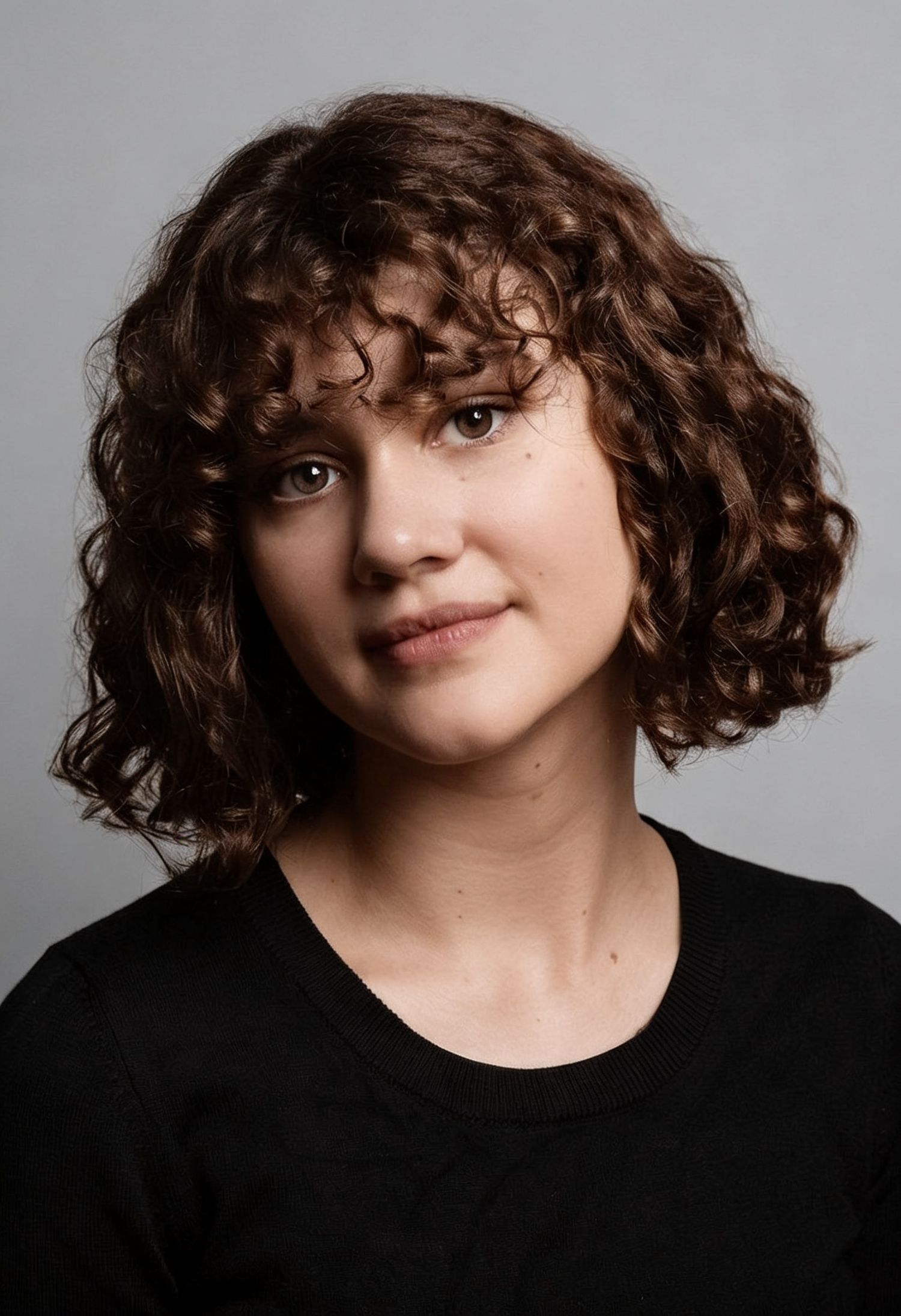 Young woman with short curly brown hair posing for headshot portrait against gray background.