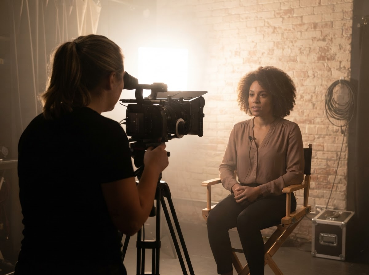 Videographer filming a woman being interviewed on a professional studio set with brick wall backdrop.