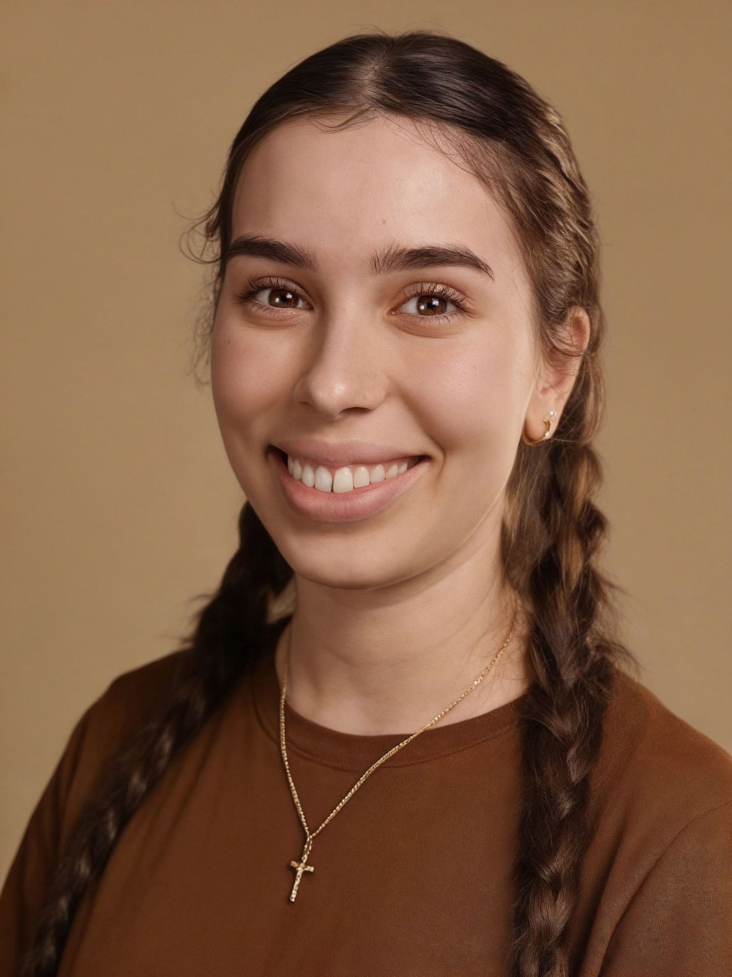 Young woman with braided hair smiling, wearing a brown top and gold cross necklace against a beige background.