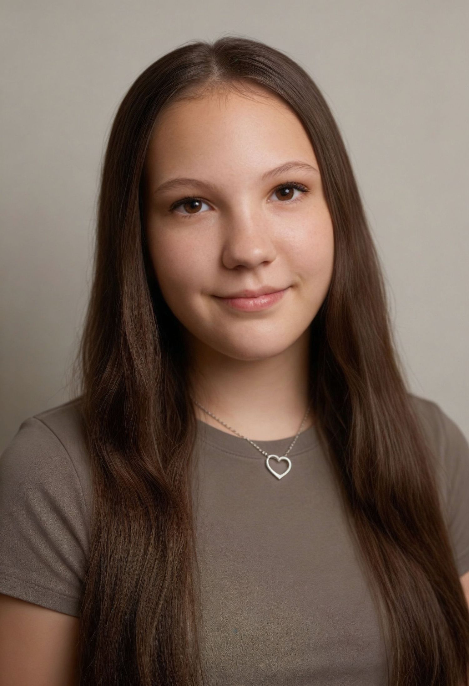 Young girl with long brown hair wearing a gray t-shirt and heart necklace, posing for a portrait photo.