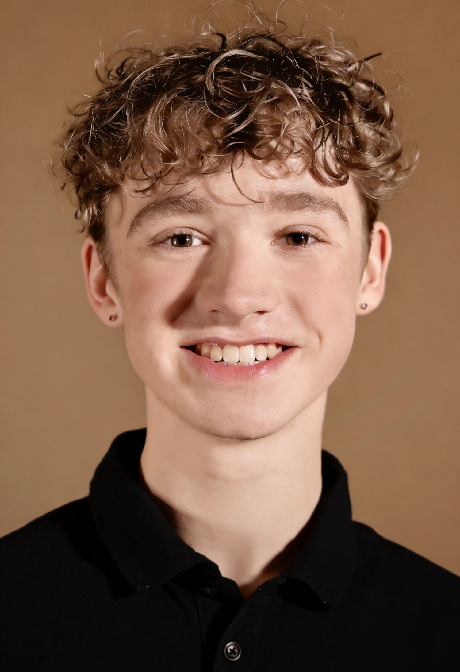 Headshot of a Young teenage boy with curly blonde hair and ear studs smiling in a black polo shirt.