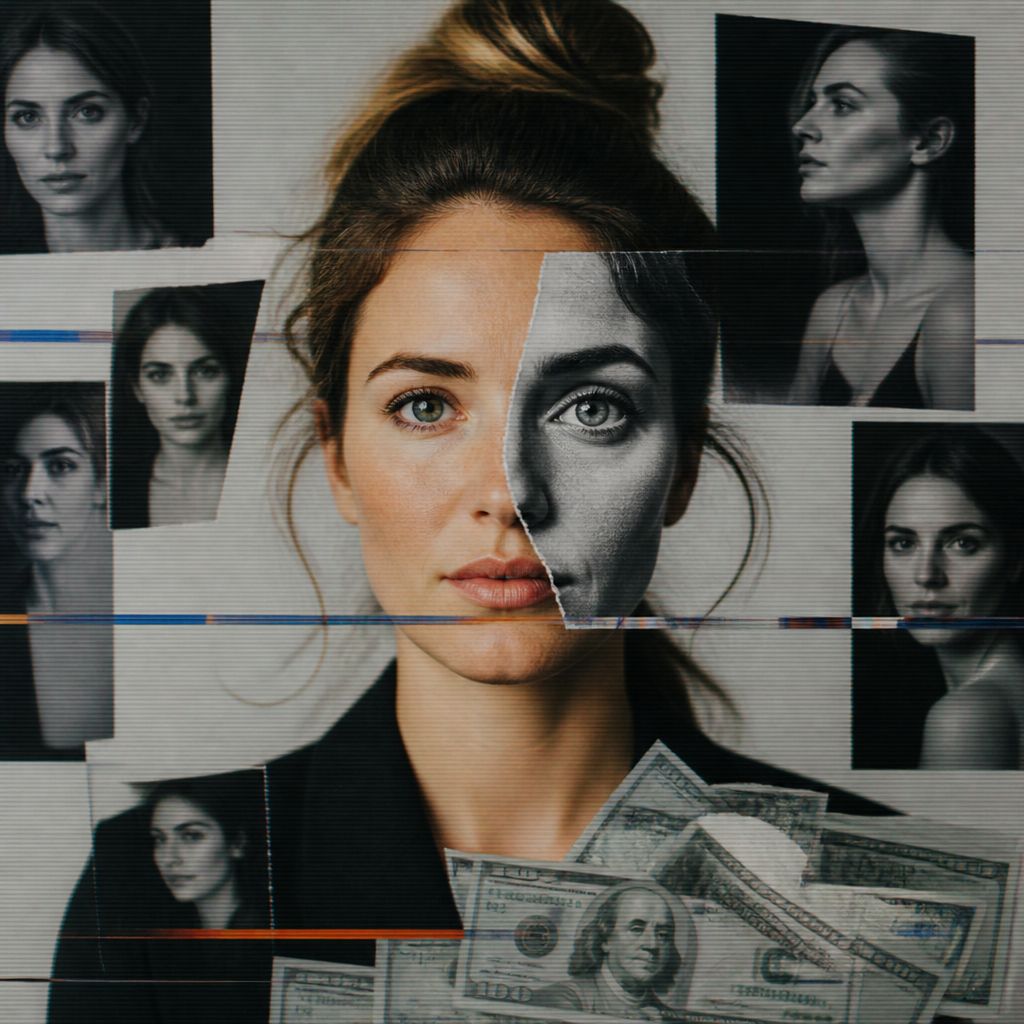 Woman surrounded by collage of portraits and dollar bills, depicting identity, money, and multiple personas in dramatic lighting.