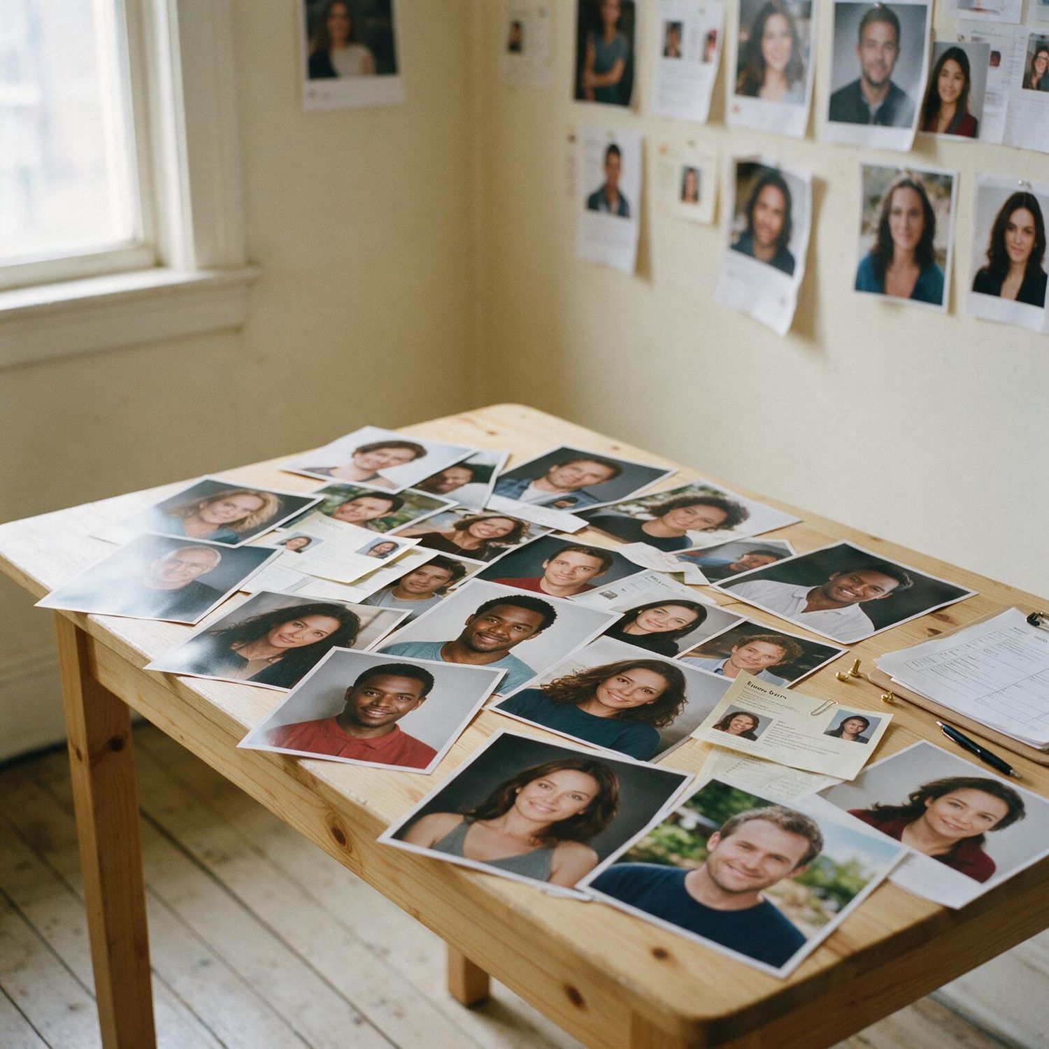 Headshot photos spread across a wooden table and pinned to a wall in a bright casting director studio.