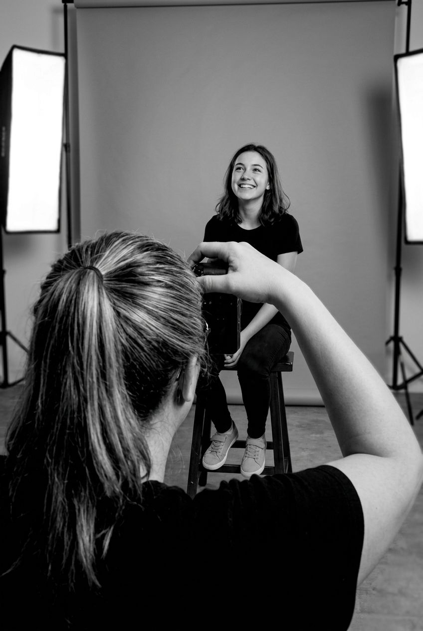 Black and white behind-the-scenes photo of a photographer capturing a smiling young woman seated on a stool in a studio.