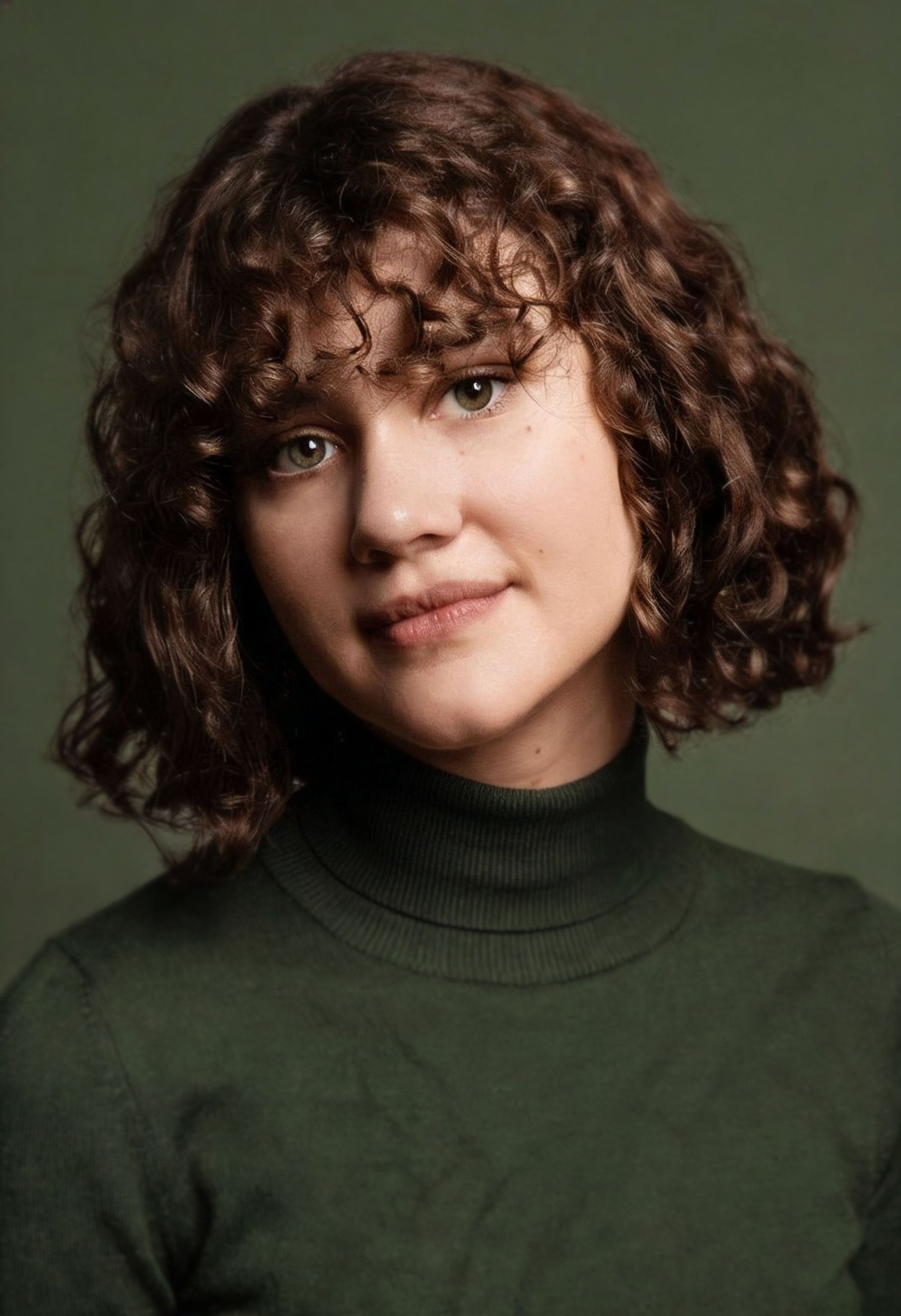 Young woman with curly auburn hair and green turtleneck sweater smiling against a dark green background.