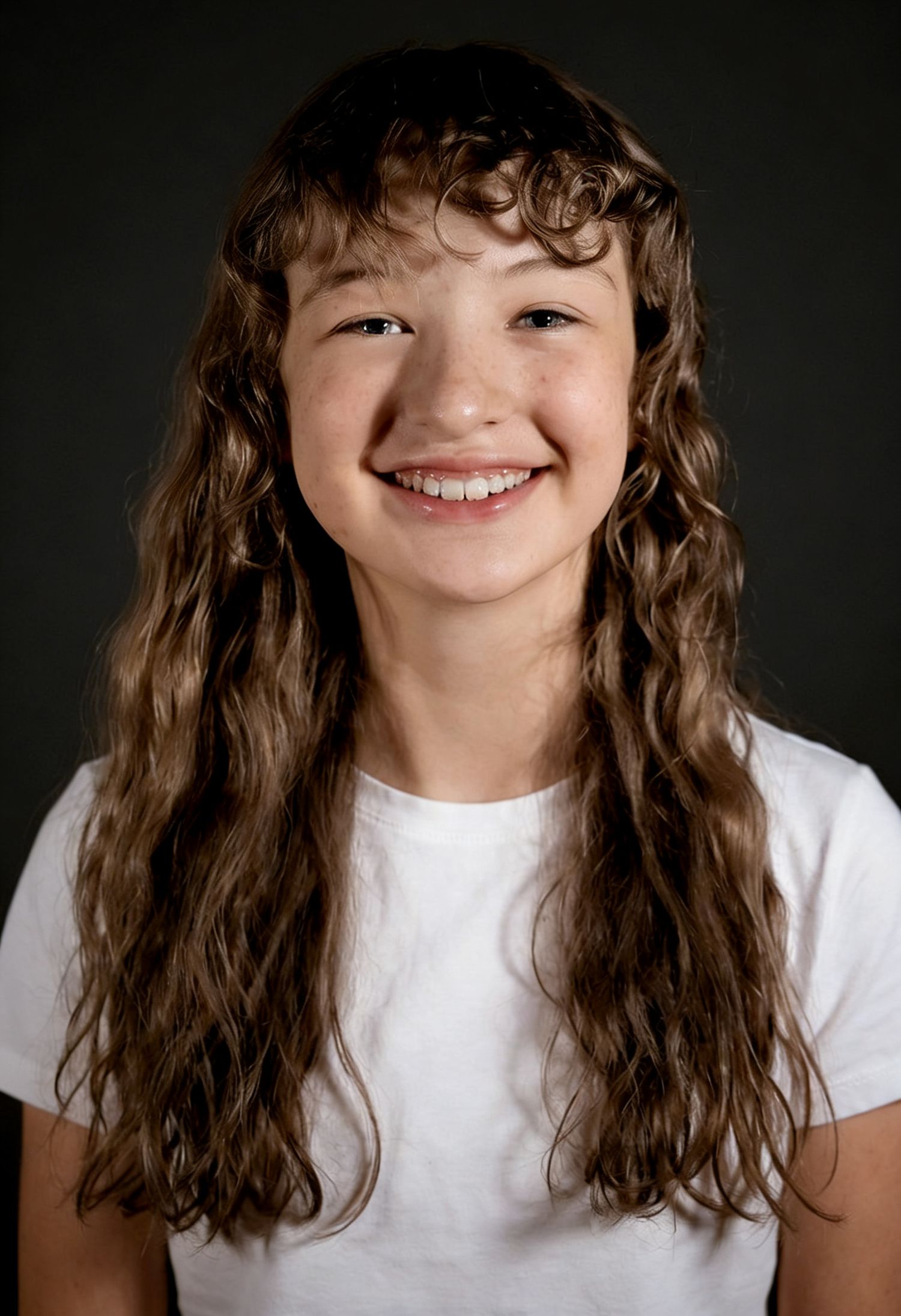 Smiling young girl with long curly brown hair wearing a white t-shirt against a dark background.