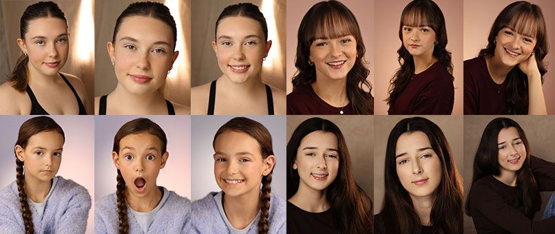 Collage of twelve young women and girls posing for professional headshots with neutral backgrounds.