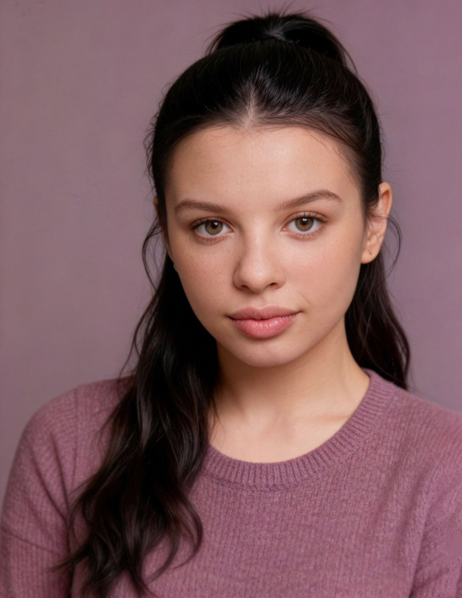 Young woman with dark hair in a ponytail wearing a pink sweater, posing for a professional headshot.