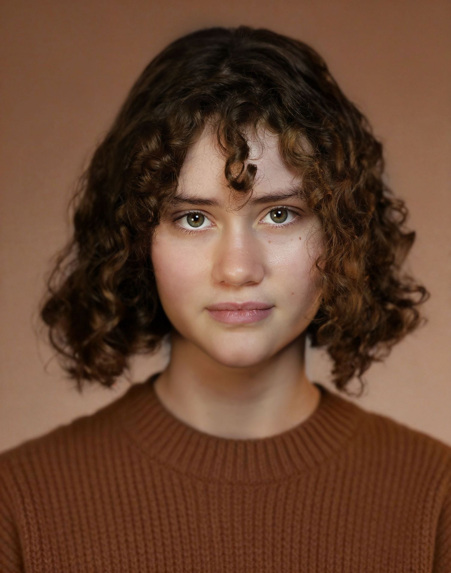 Young woman with curly brown hair and hazel eyes wearing a rust-colored sweater against a beige background.