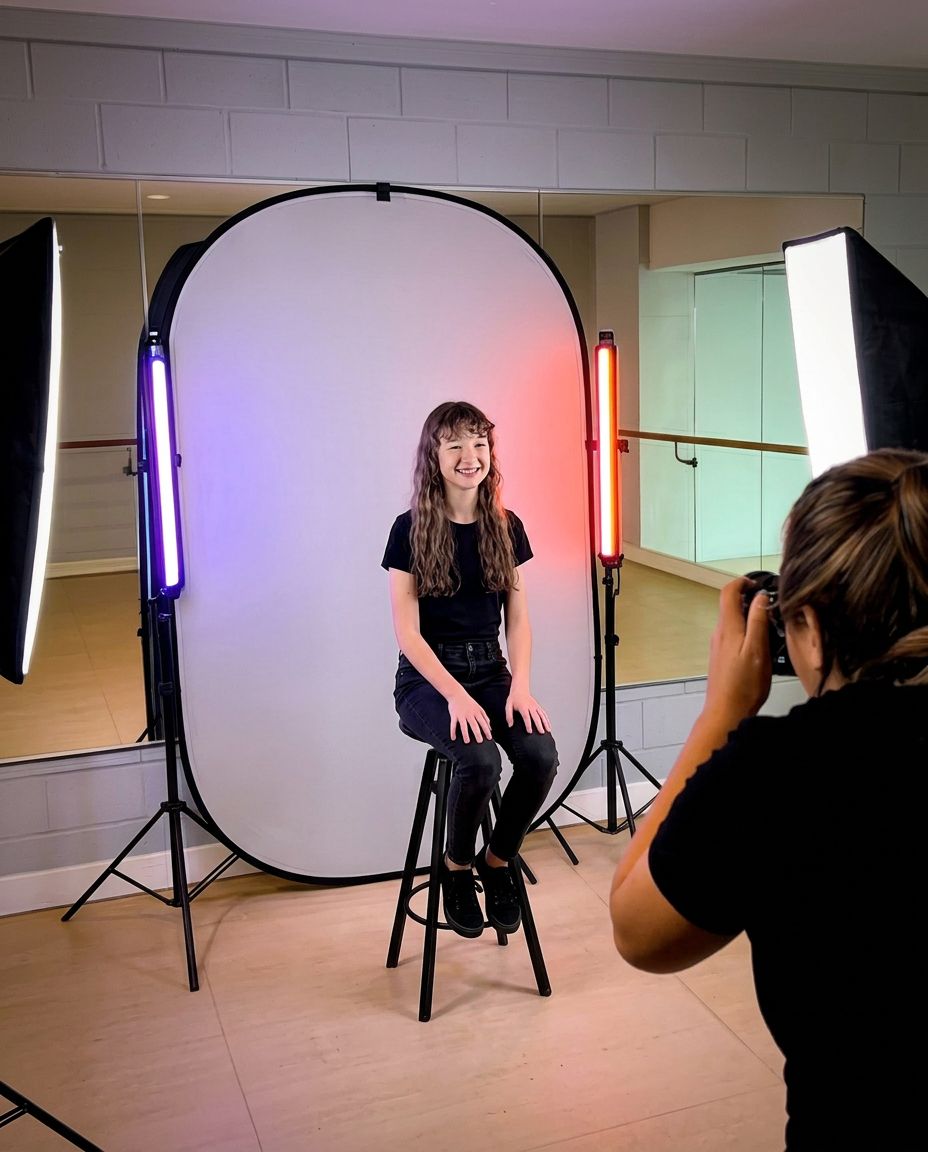 A woman sits on a stool in front of a white backdrop with colorful RGB lights while a photographer takes her portrait.