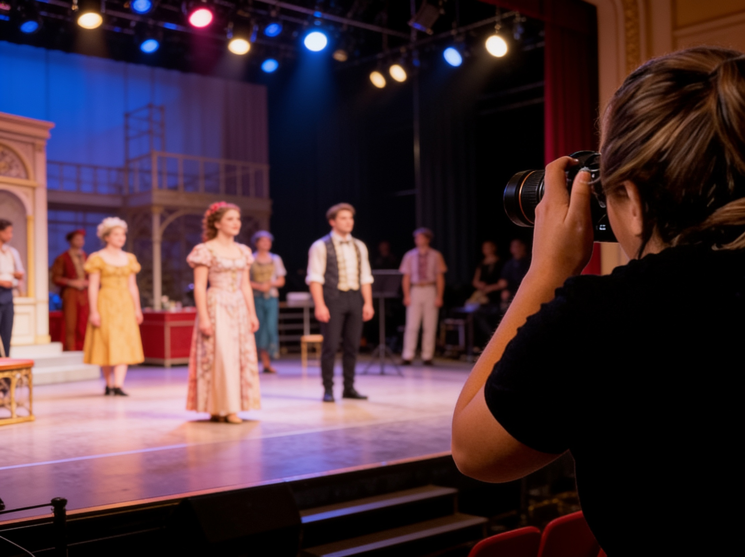Photographer capturing theater performers in period costumes on a decorated stage during a dress rehearsal.