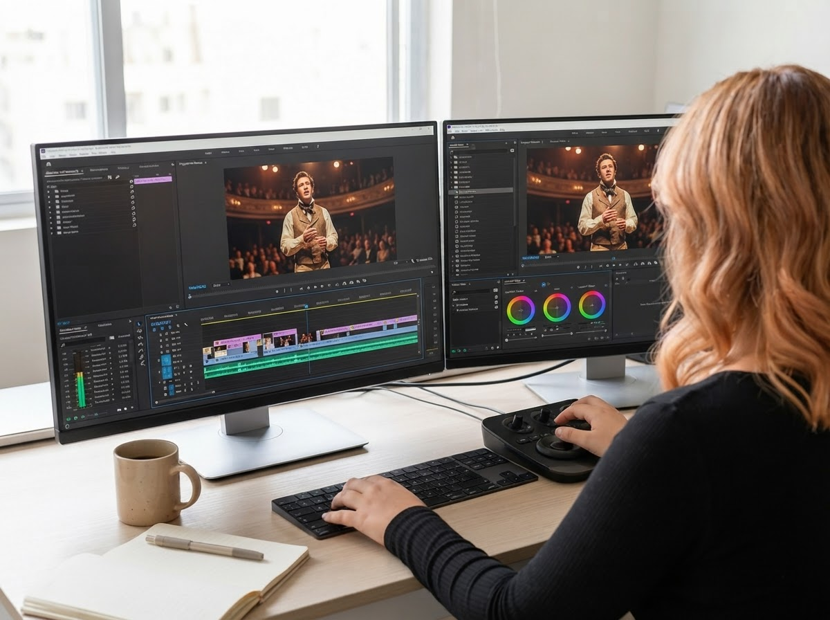 Woman editing video footage on dual monitors using Adobe Premiere Pro in a modern workspace.