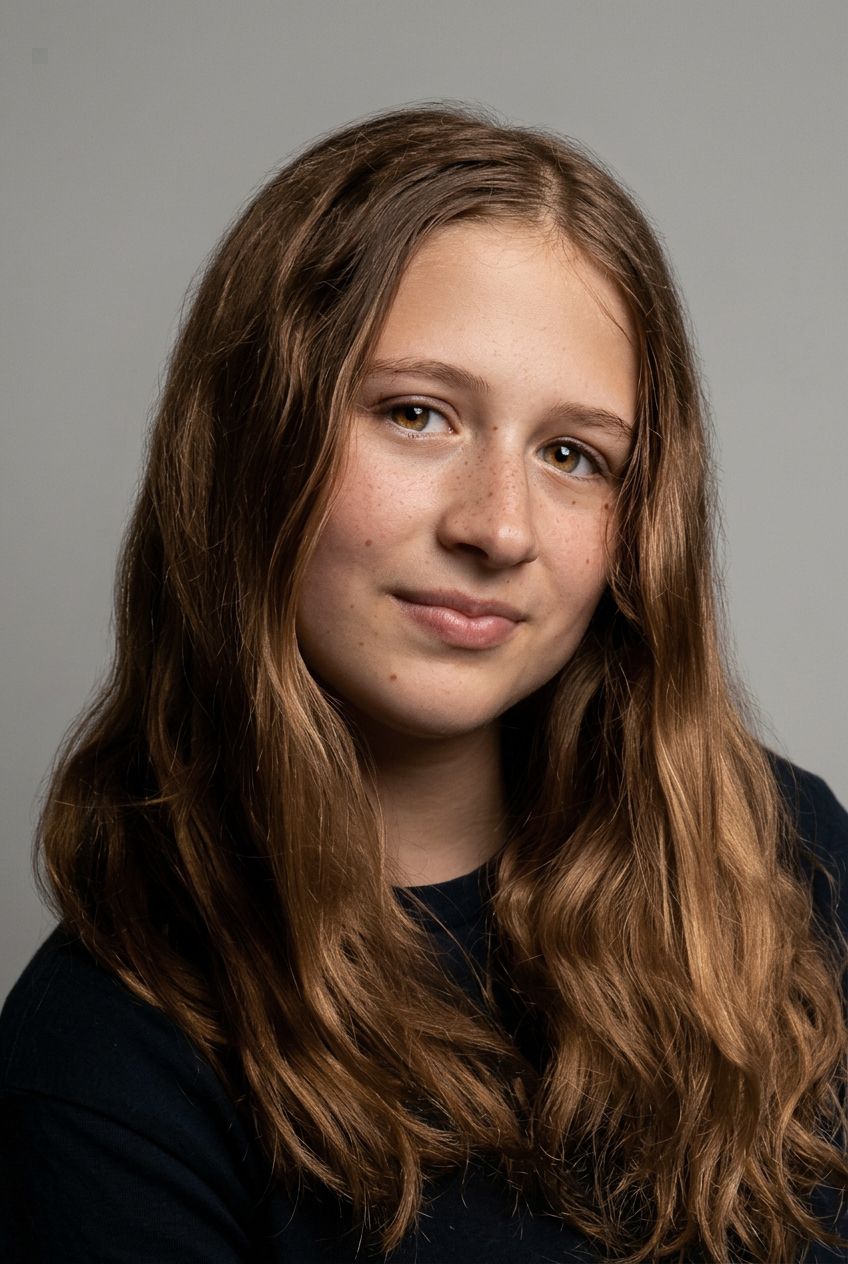 Young woman with long auburn hair and a warm smile poses for a professional headshot portrait.