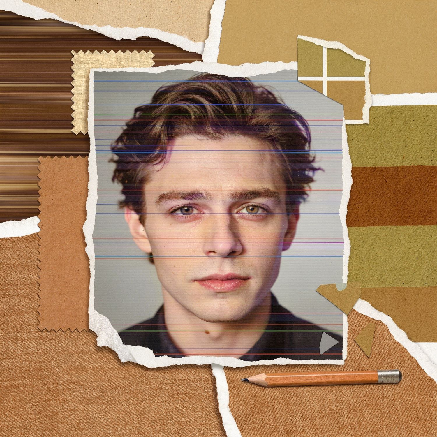 Young man with brown wavy hair in a torn paper photo collage with fabric swatches and a pencil on brown background.