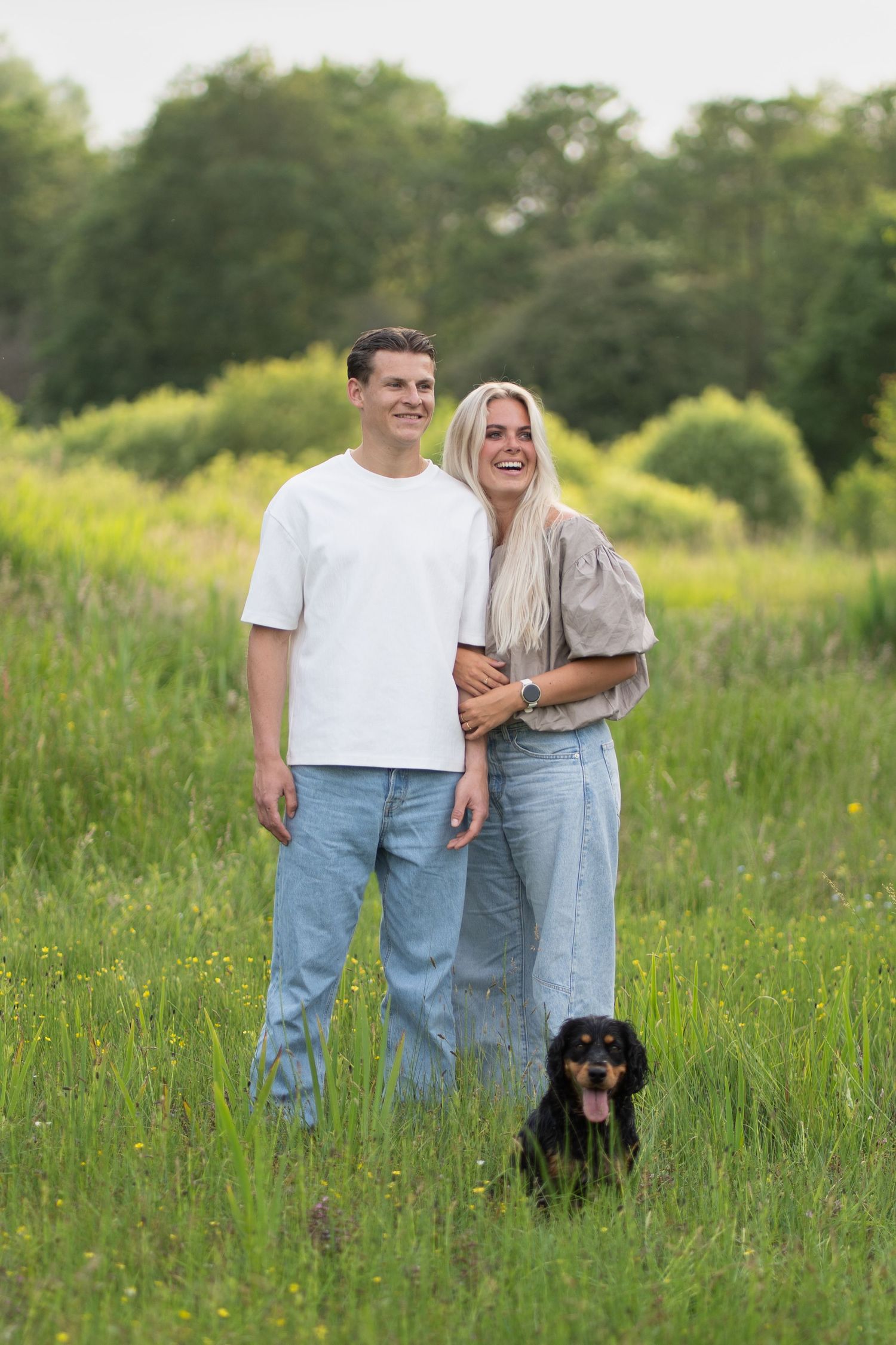 pose, dog, couple