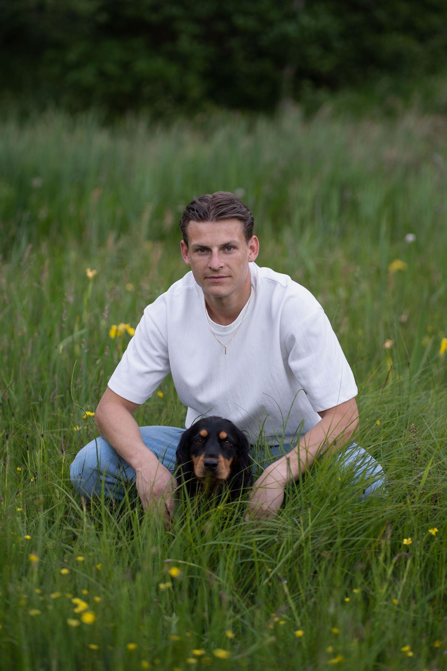 dog, men, meadow