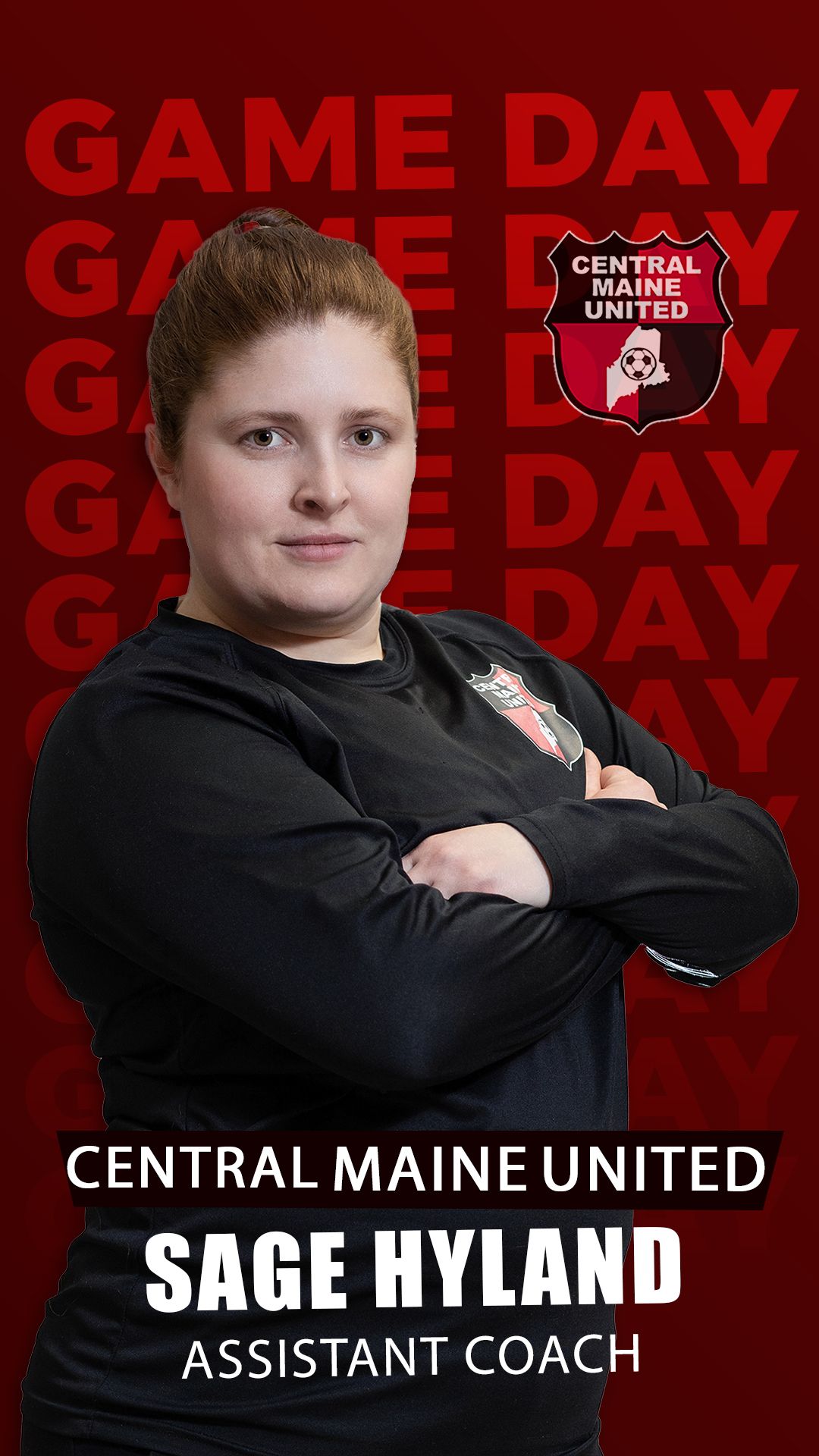 female soccer coaches headshot with red hair wearing a black long sleeve shirt with crossed arms layered onto a red player card background