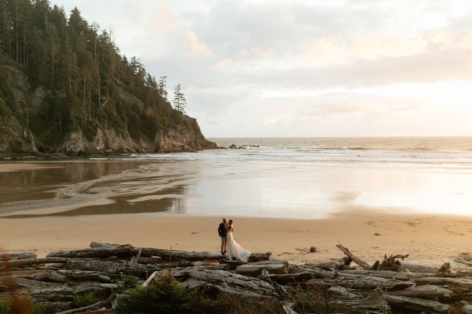 Bride and groom embracing on a driftwood-lined beach at golden hour sunset.