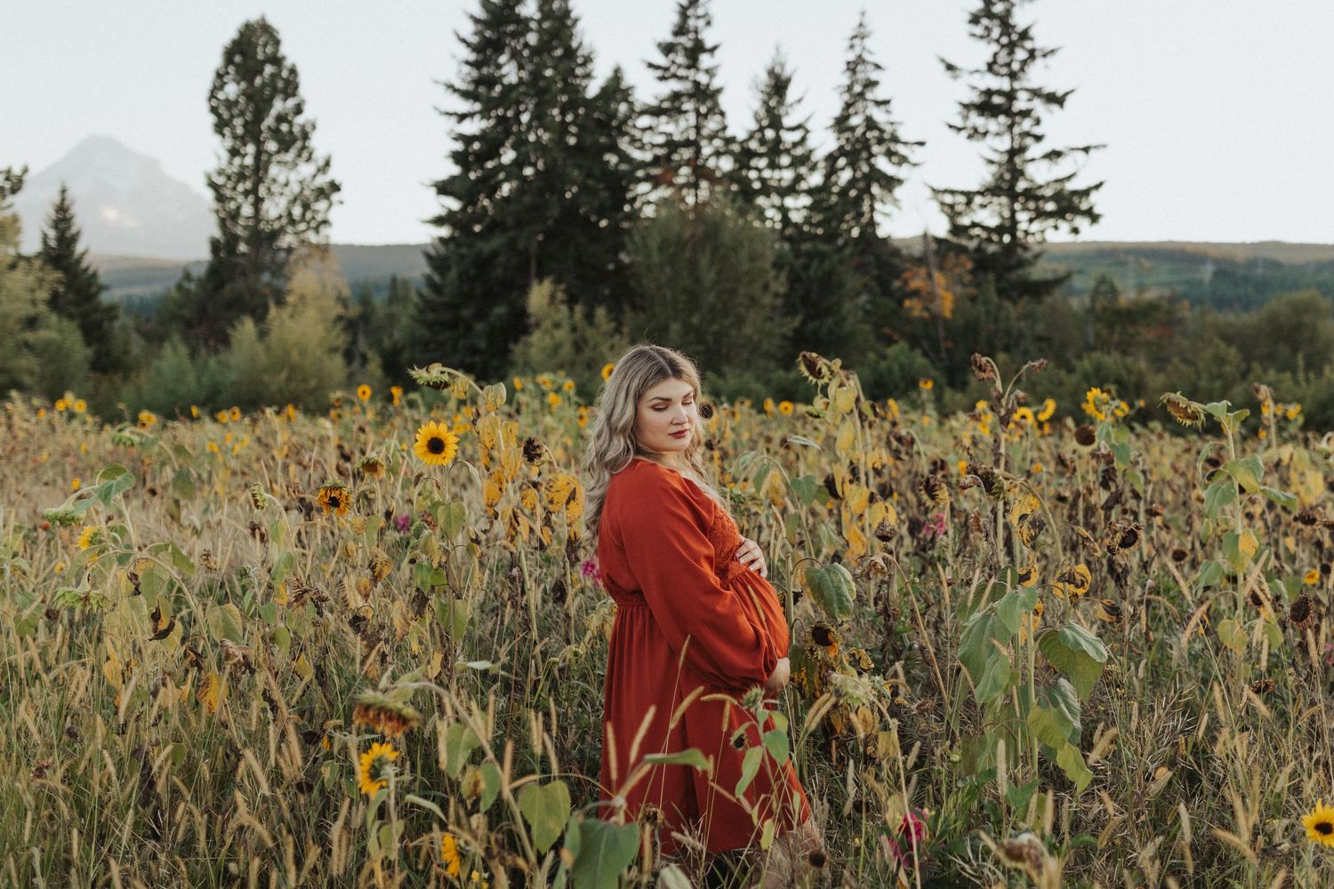 Pregnant woman in red dress stands sideways in a sunflower field with mountain and pine tree backdrop.