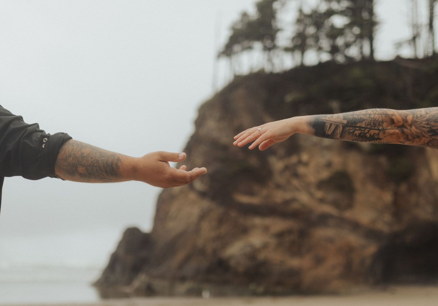 Two tattooed hands reaching toward each other with rocky coastal cliffs in background.