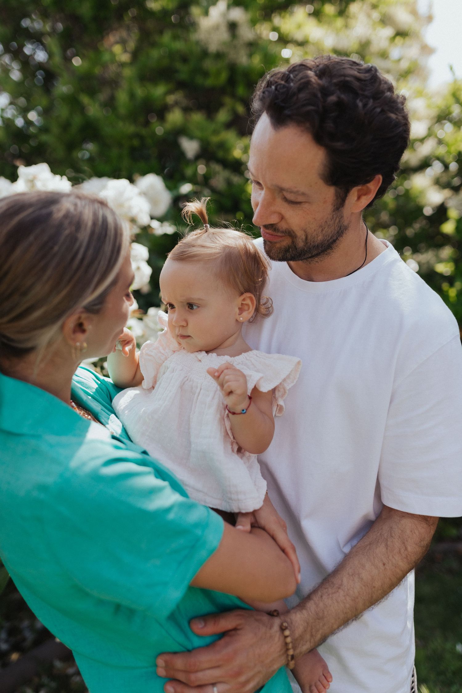 Parents in white and teal outfits hold baby girl near blooming white roses in sunny garden.
