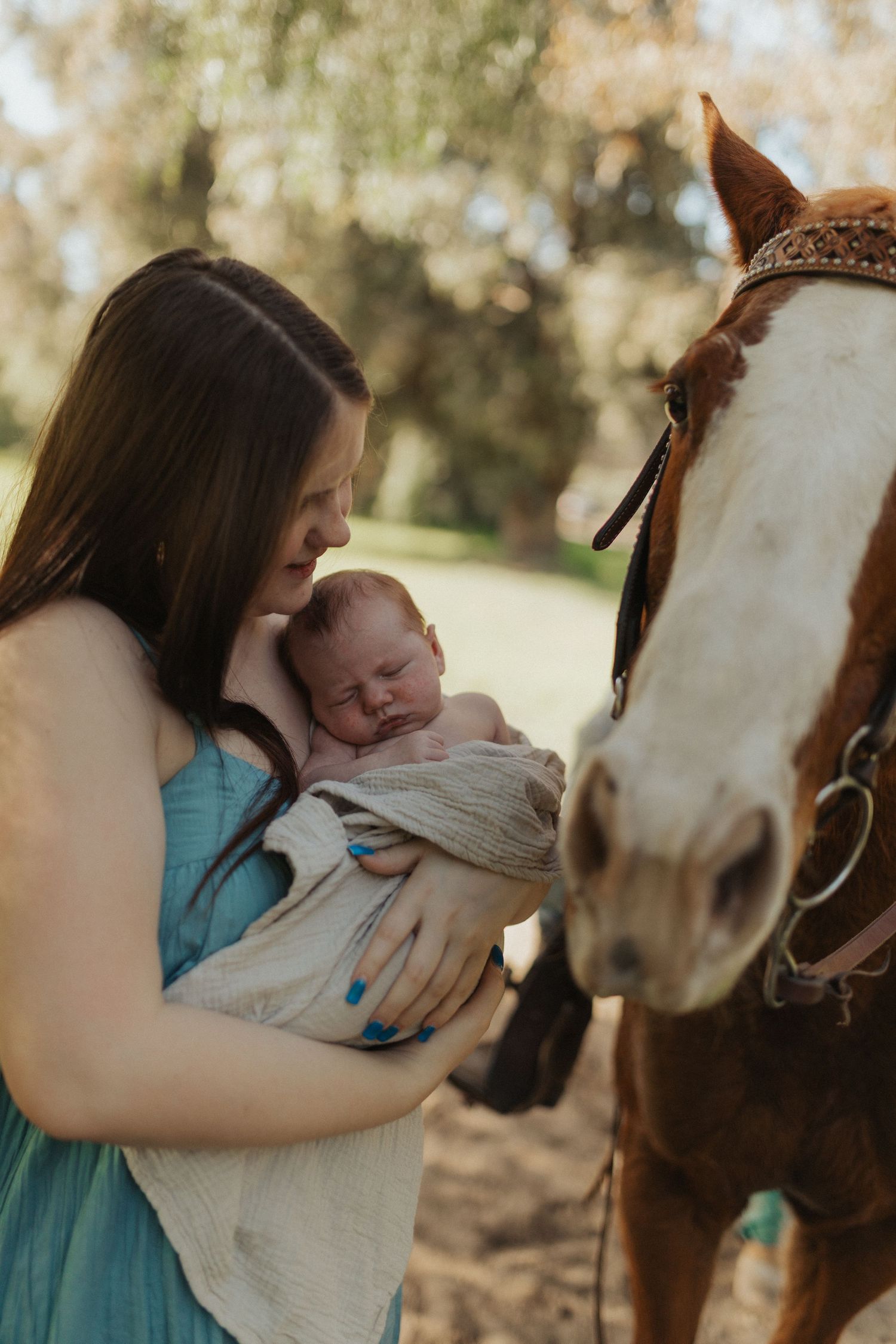 Mother holding sleeping swaddled newborn while brown and white horse gently approaches in park.