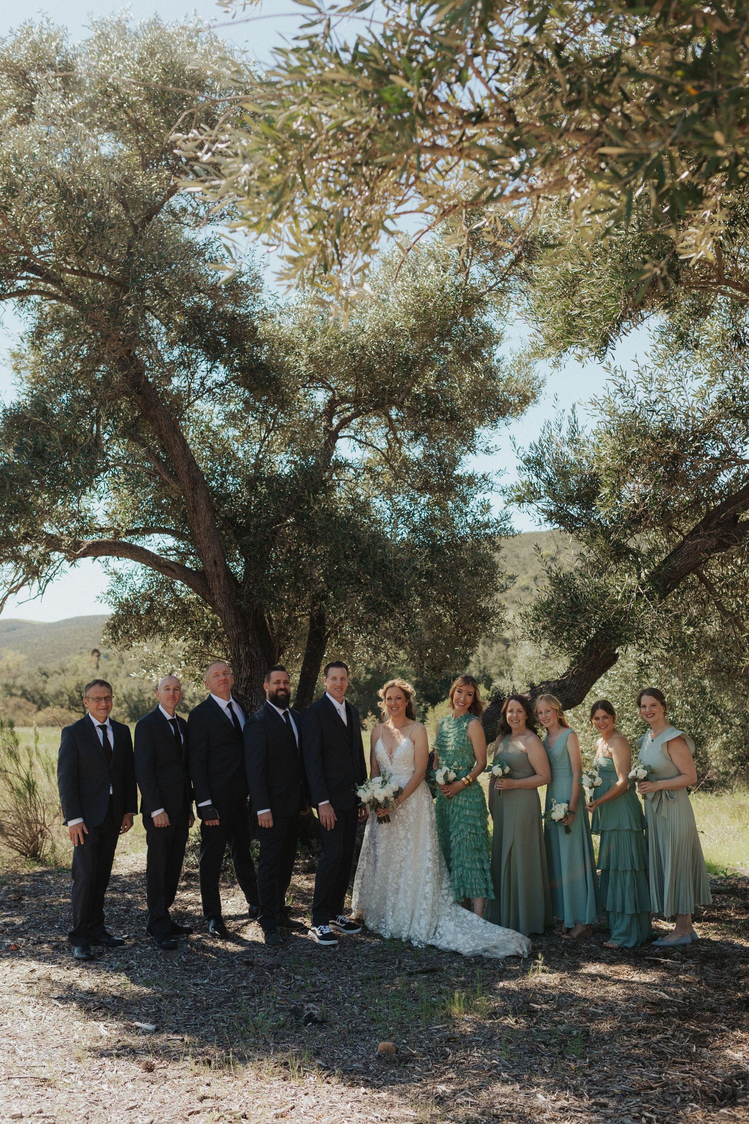 Wedding party poses under olive tree, groomsmen in black suits and bridesmaids in sage green gowns.