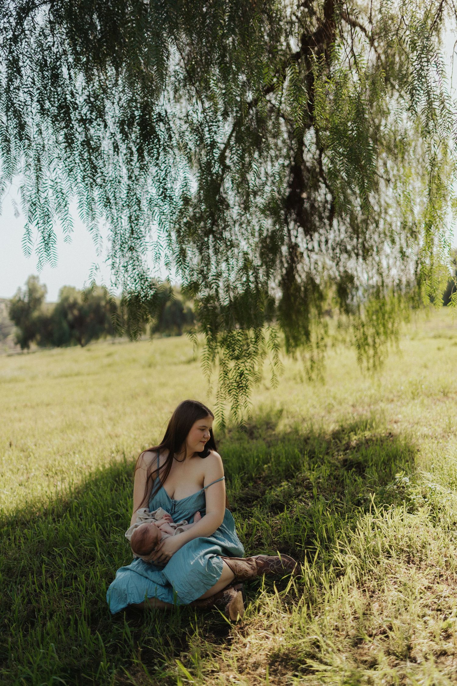 Mother in teal dress sitting on grass nursing newborn baby under weeping willow in sunlit field.