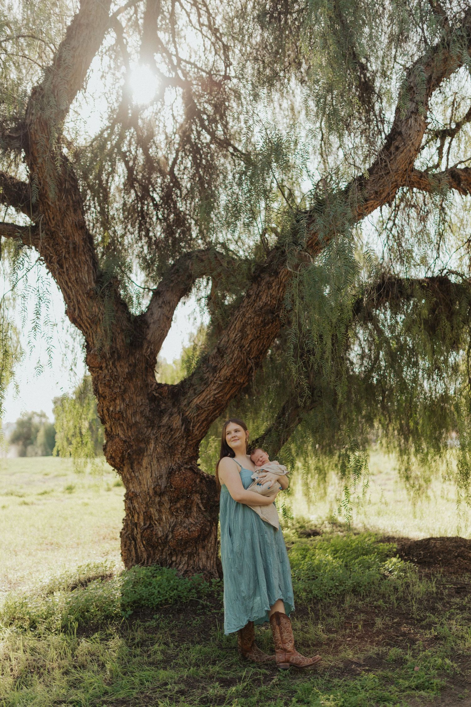 Young mother in teal dress holding newborn baby under large willow tree in sunny green field.