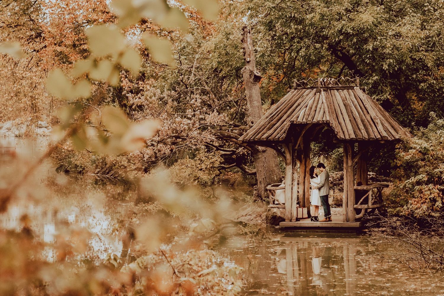 picturesque photo taken of a engaged couple under a lake side gazebo in Central Park