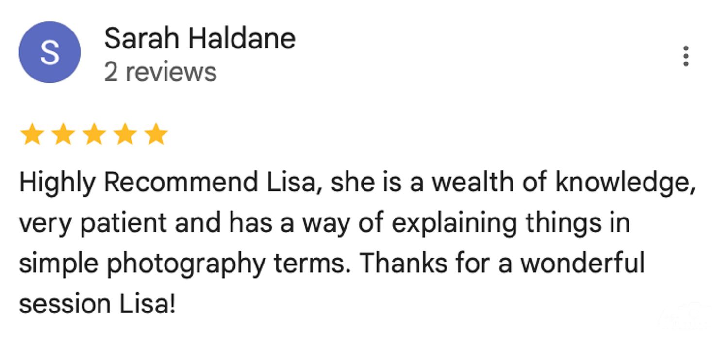 Five-star Google review from Sarah Haldane recommending Lisa as a patient and knowledgeable photography teacher.