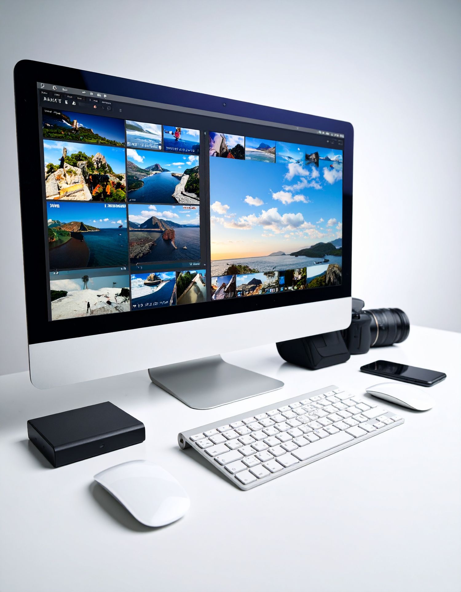 A desktop computer monitor displaying a photo editing library of landscape images beside a camera and keyboard.