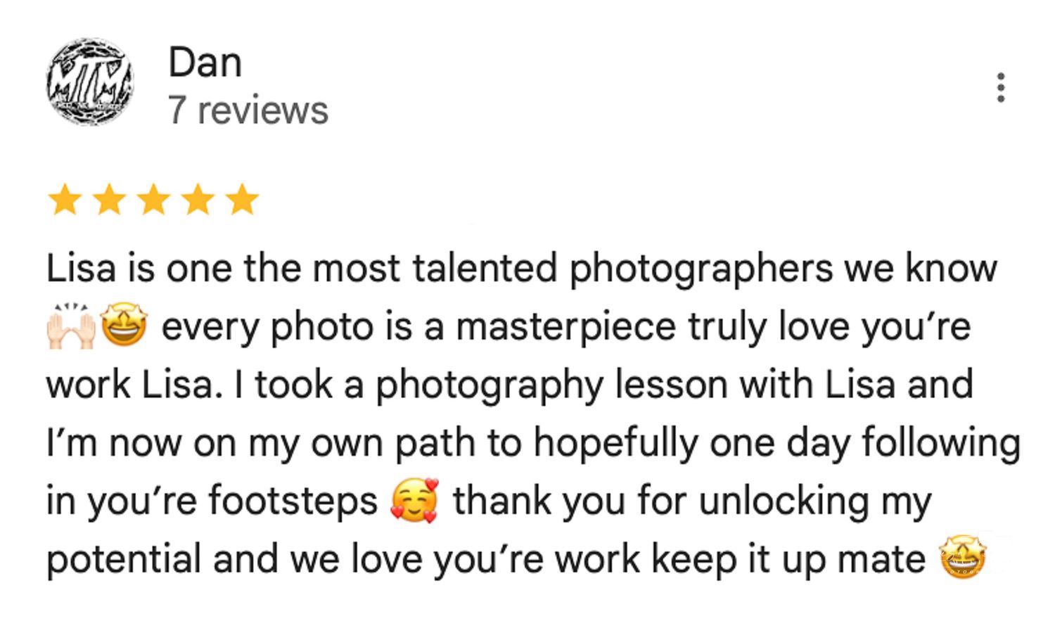 Five-star Google review from Dan praising Lisa as a talented photographer and photography teacher who unlocked his potential.