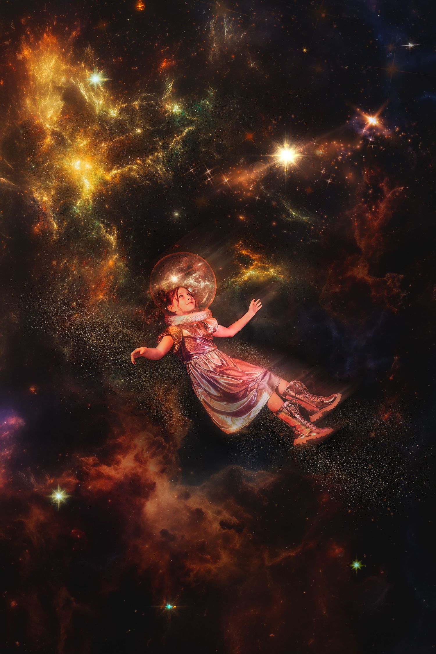 Childrens fantasy photography. girl floating in space. celestial being. otherworldly. composite editing