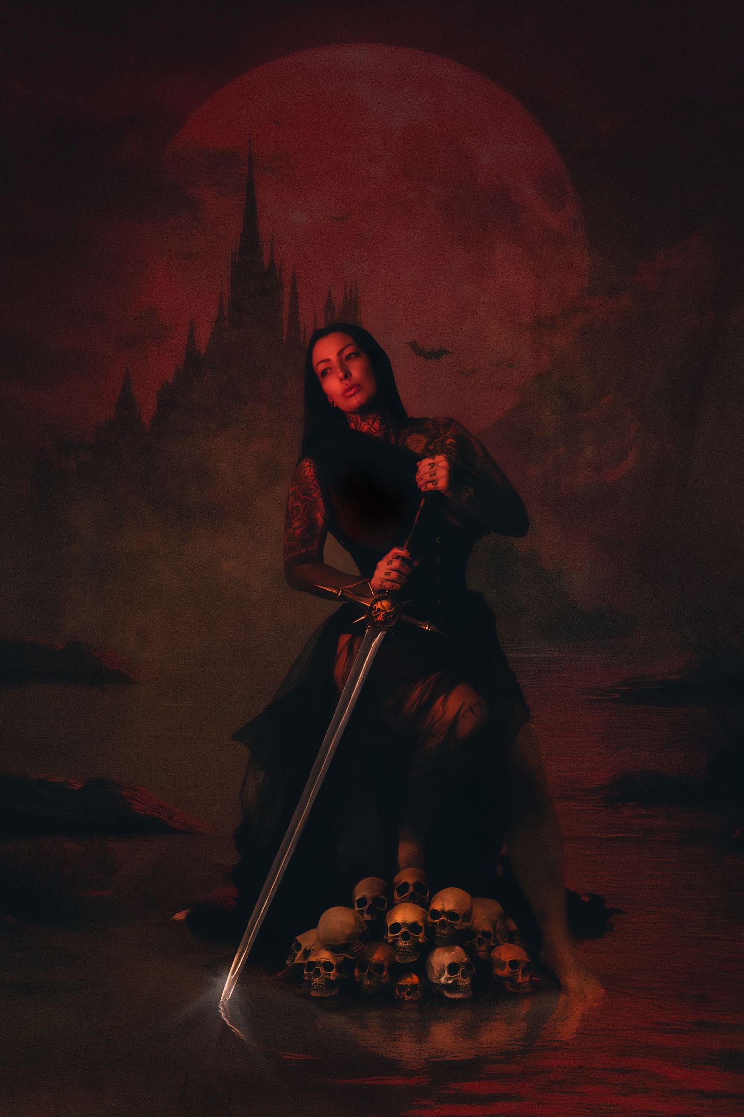 heroic woman with long sword upon pile of skulls. fine art photography with composite editing, red moon.