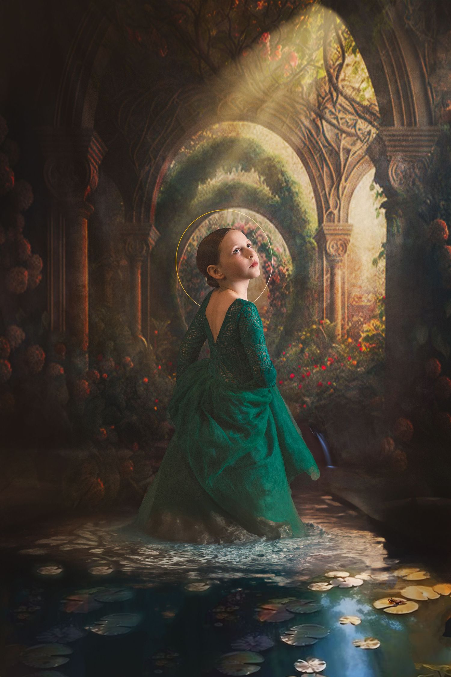 Childrens fine art fantasy photography. child in green dress in fantasy garden setting. the fabled garden