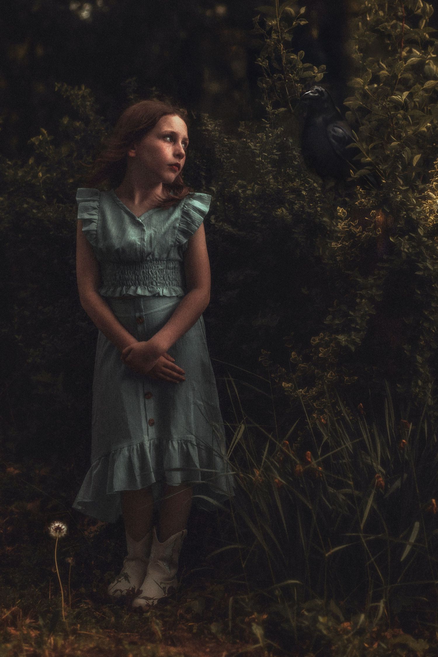 Childrens fine art fantasy photography, victorian inspired garden setting, raven