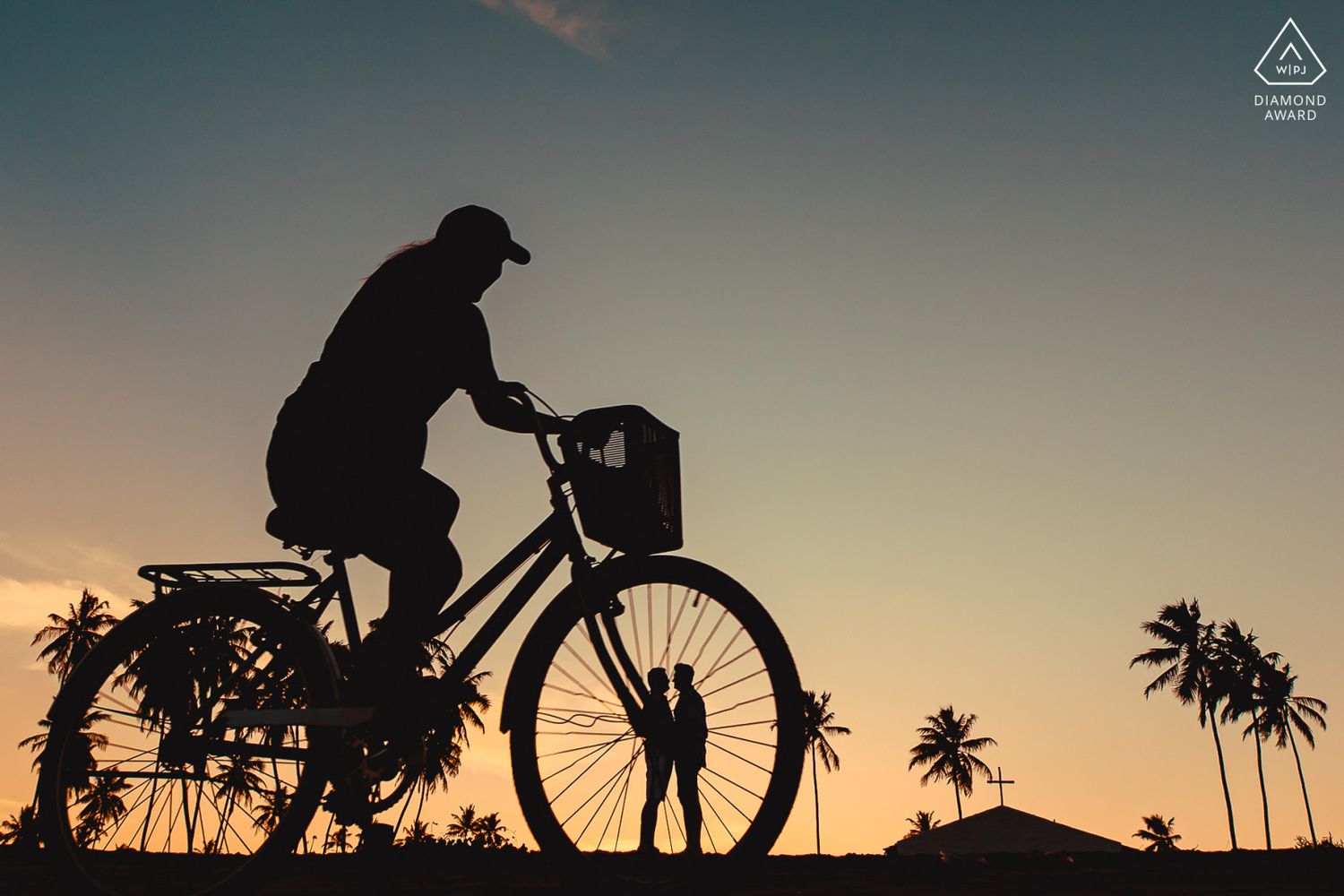 Silhouette of a man on a bicycle with a basket at sunset, palm trees in the background against an orange sky.