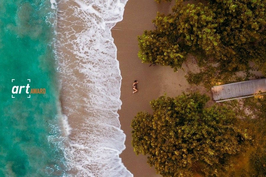 Aerial view of a tropical beach with turquoise waves, sandy shore, and lush green trees from above.