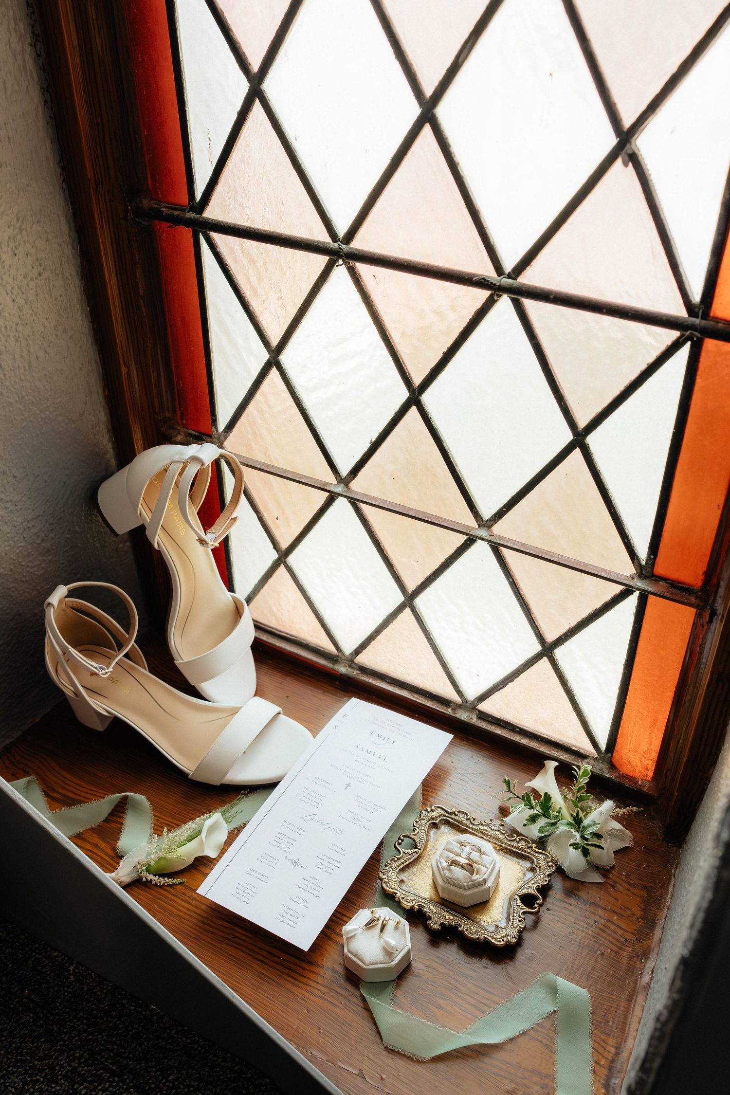 A series of four similar photos showing elegant white shoes and papers arranged on a wooden windowsill with diamond-paned glass.