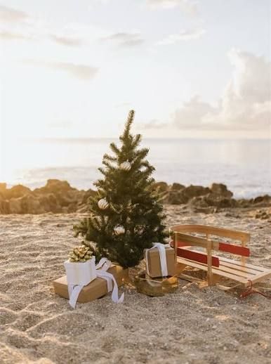 Chrismtas tree and presents on the beach at sunset